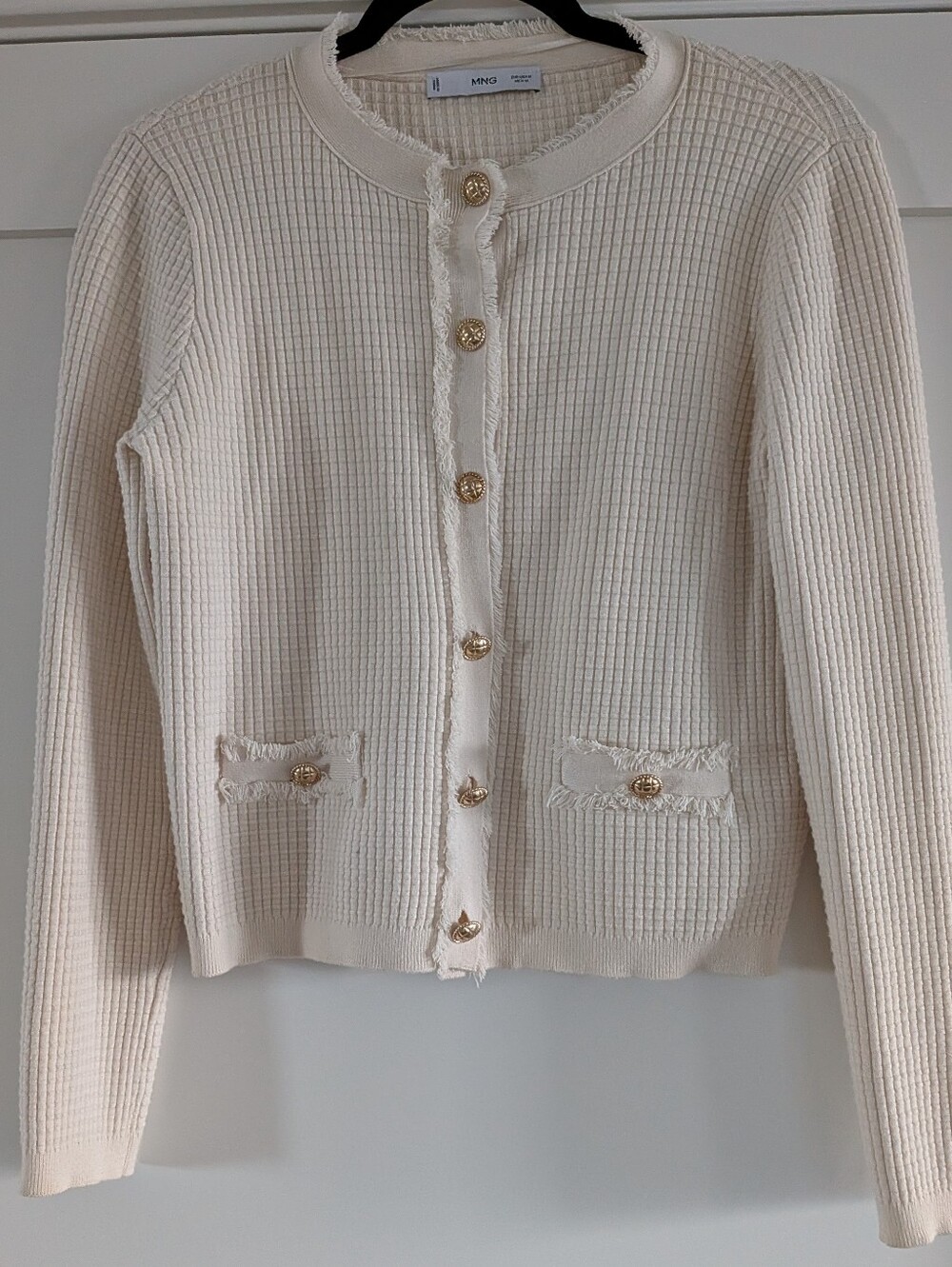 Mango Classic Cropped Cardigan With Gold Buttons And Ragged Edge Detail, Size M